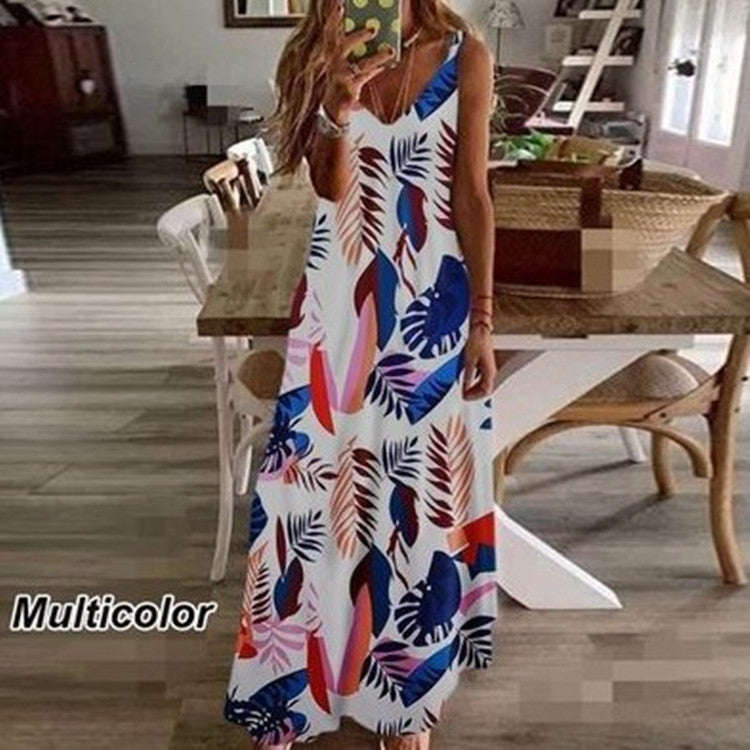 Sleeveless V-neck Printed Long Beach Dress