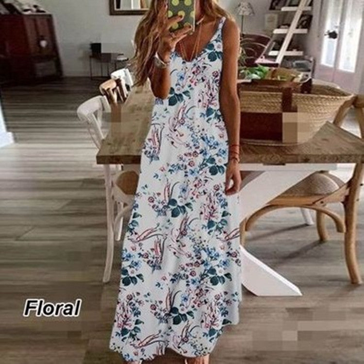 Sleeveless V-neck Printed Long Beach Dress