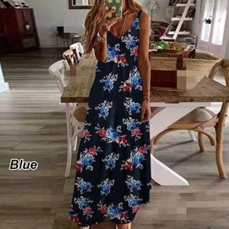 Sleeveless V-neck Printed Long Beach Dress