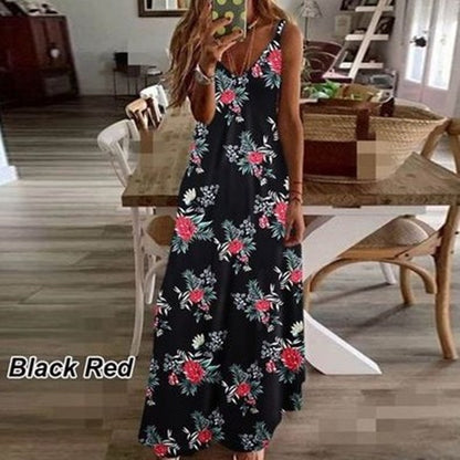 Sleeveless V-neck Printed Long Beach Dress