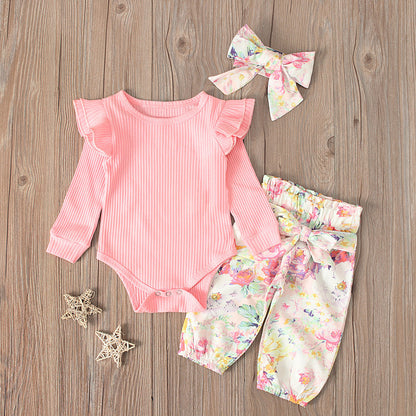Solid Color Long-sleeved One-piece Romper Flower Pants Three-piece Suit