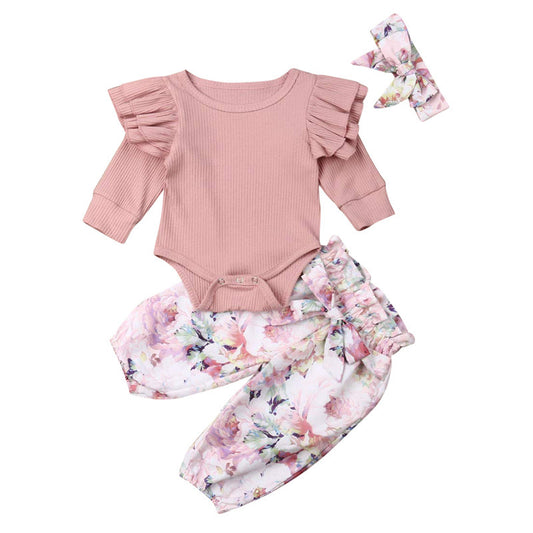 Solid Color Long-sleeved One-piece Romper Flower Pants Three-piece Suit