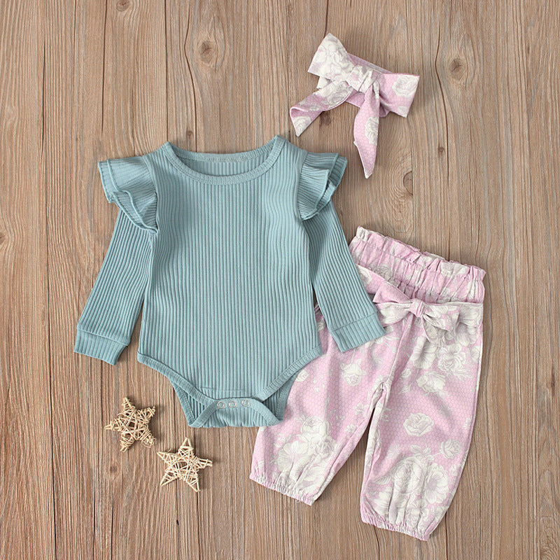 Solid Color Long-sleeved One-piece Romper Flower Pants Three-piece Suit