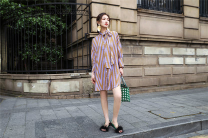 Retro Diamond Check Color Scarf Collar Shirt Dress