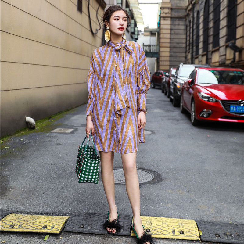 Retro Diamond Check Color Scarf Collar Shirt Dress