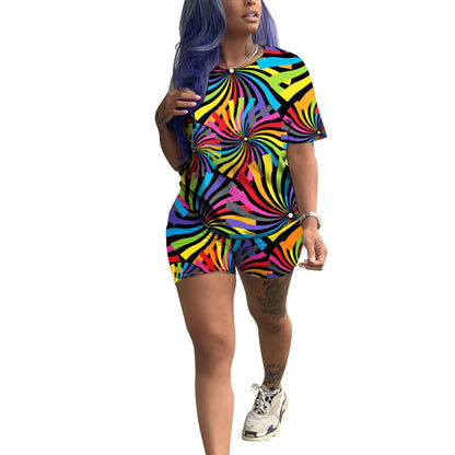 European and American Women's Cute Casual Round Neck Print Multicolor Two-piece Shorts Suit