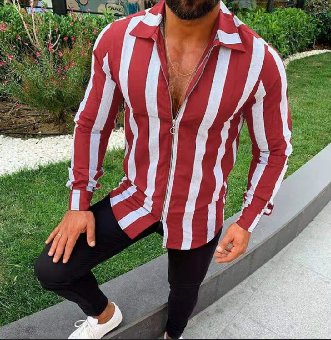 Fashionable Men's Zipper Sleeve Striped Shirt