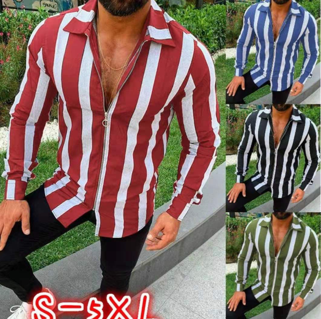 Fashionable Men's Zipper Sleeve Striped Shirt