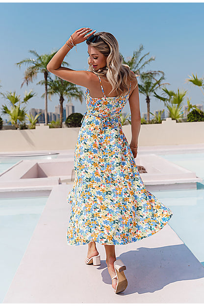 Bohemian Seaside Resort Dress With Printed Slit Sling Skirt