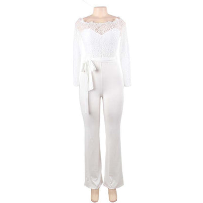 One Word Neck Long Sleeve Stitching Tie Jumpsuit