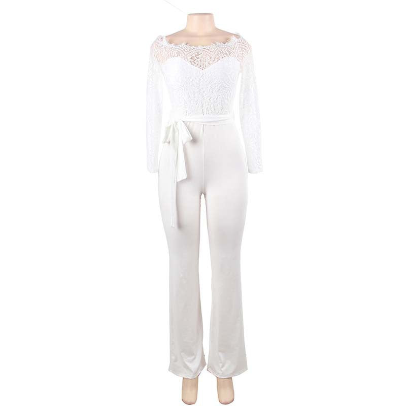 One Word Neck Long Sleeve Stitching Tie Jumpsuit