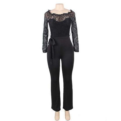 One Word Neck Long Sleeve Stitching Tie Jumpsuit