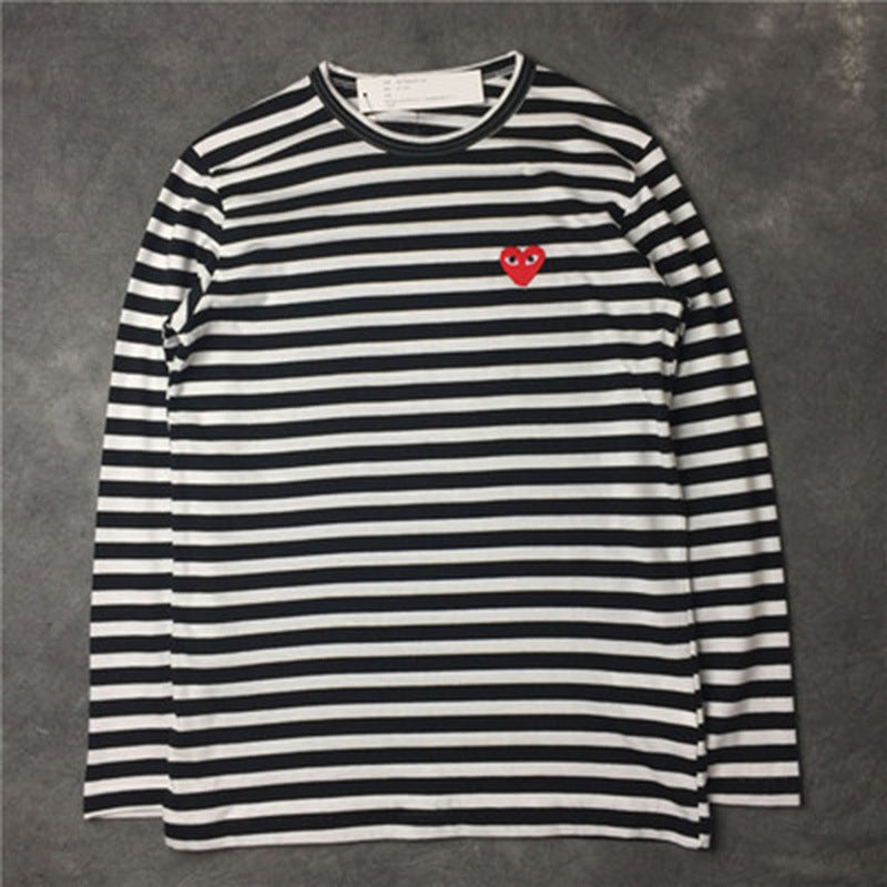 Embroidered Love Heart Striped Men's Long-sleeved Bottoming Shirt