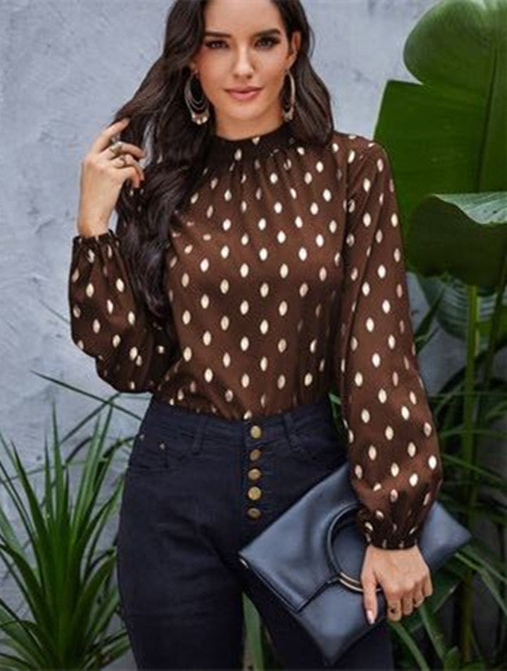 New Small High Necked Golden Dot Pattern Top Loose Long Sleeved Shirt