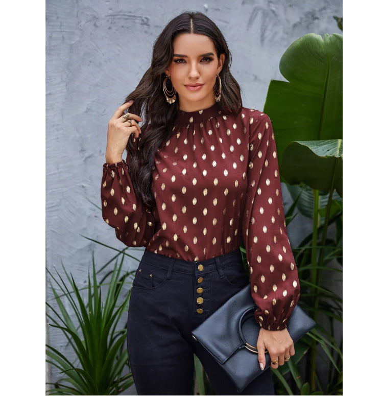 New Small High Necked Golden Dot Pattern Top Loose Long Sleeved Shirt