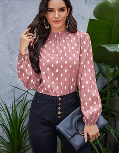 New Small High Necked Golden Dot Pattern Top Loose Long Sleeved Shirt