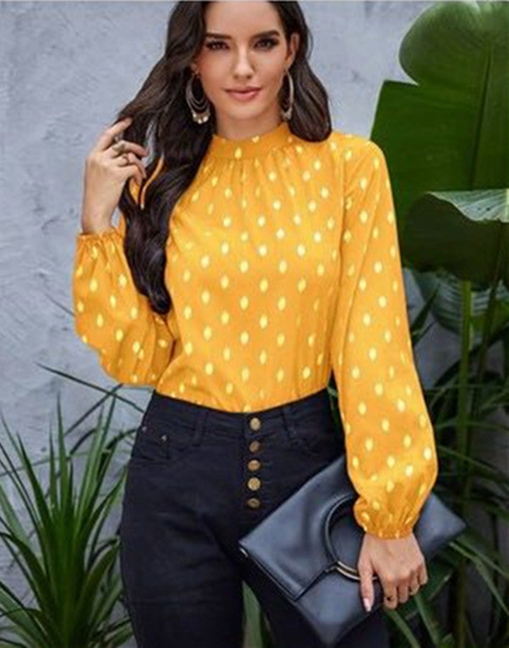 New Small High Necked Golden Dot Pattern Top Loose Long Sleeved Shirt