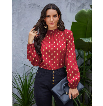 New Small High Necked Golden Dot Pattern Top Loose Long Sleeved Shirt