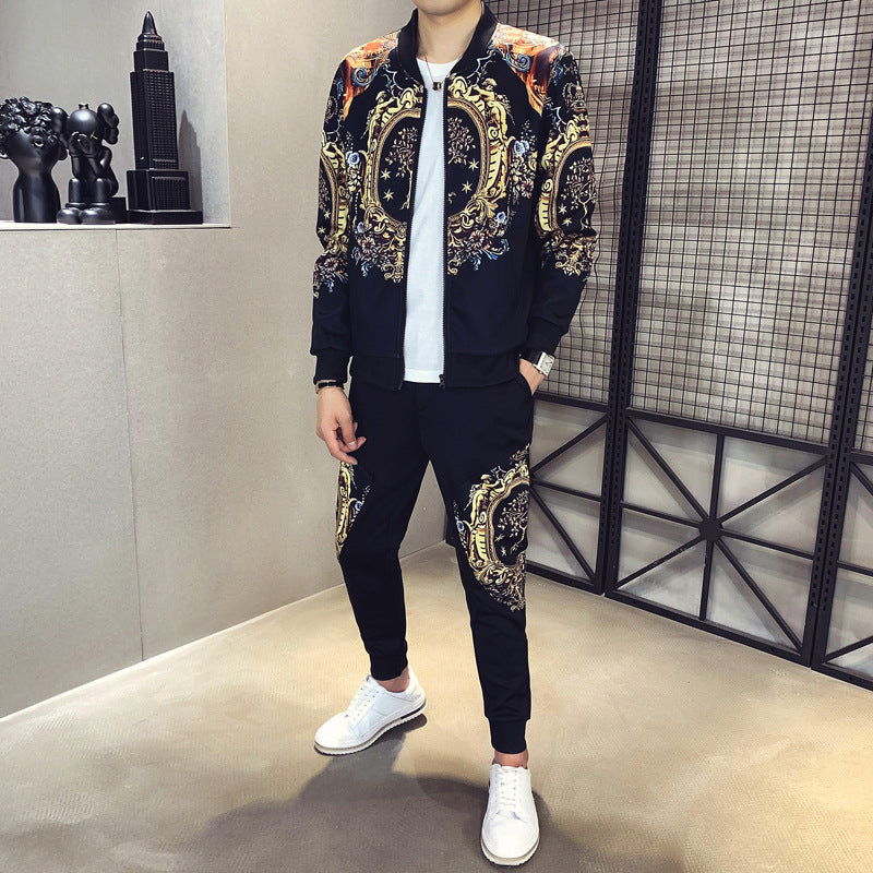 Autumn Men's Sports 2-Piece Gold Print Jacket  Pant Tracksuit Suit  2020 New Men Sportswear Hombre Men's Casual Printing Suit