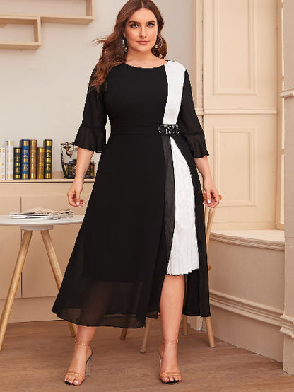 Plus size autumn and winter temperament chiffon contrast color waist dress YB1901