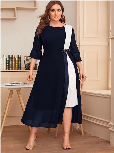 Plus size autumn and winter temperament chiffon contrast color waist dress YB1901