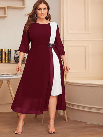 Plus size autumn and winter temperament chiffon contrast color waist dress YB1901