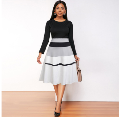 Long Sleeve Striped women's round neck stitched swing dress