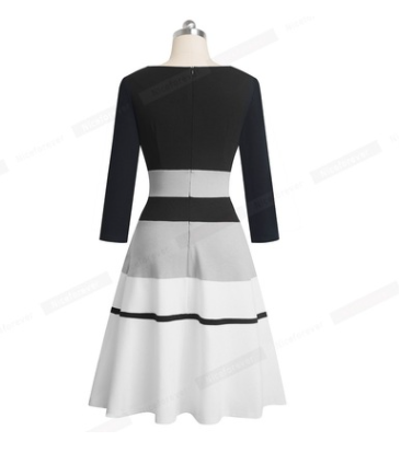 Long Sleeve Striped women's round neck stitched swing dress