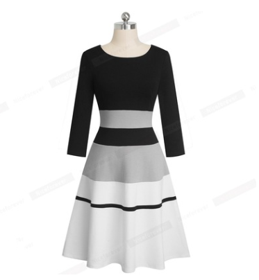 Long Sleeve Striped women's round neck stitched swing dress