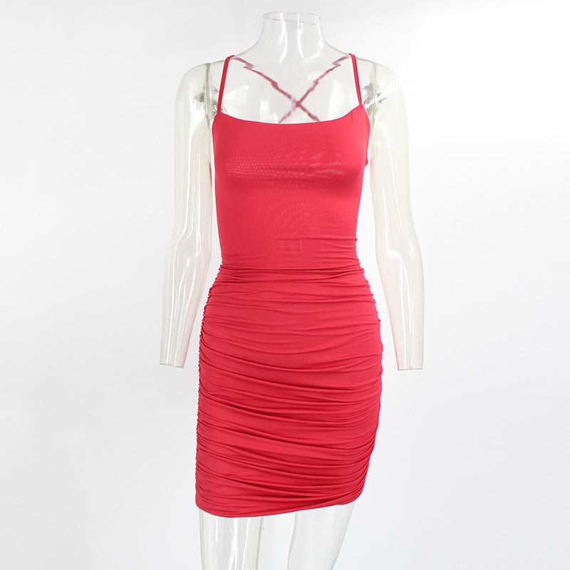 Red Ruched Spaghetti Strap Mini Dress