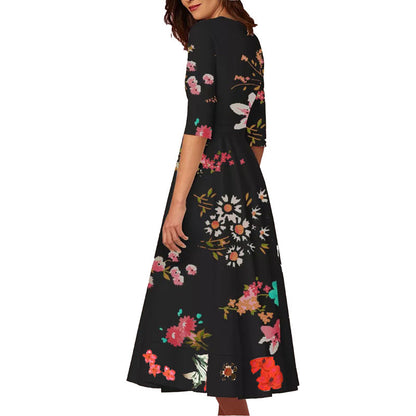 Deep V Sleeve Dress Flower Midi Dress