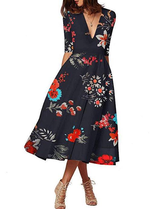 Deep V Sleeve Dress Flower Midi Dress