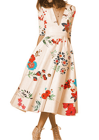 Deep V Sleeve Dress Flower Midi Dress