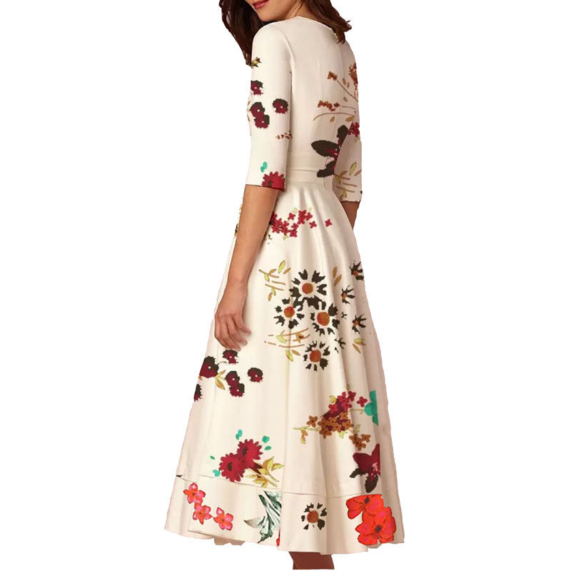 Deep V Sleeve Dress Flower Midi Dress