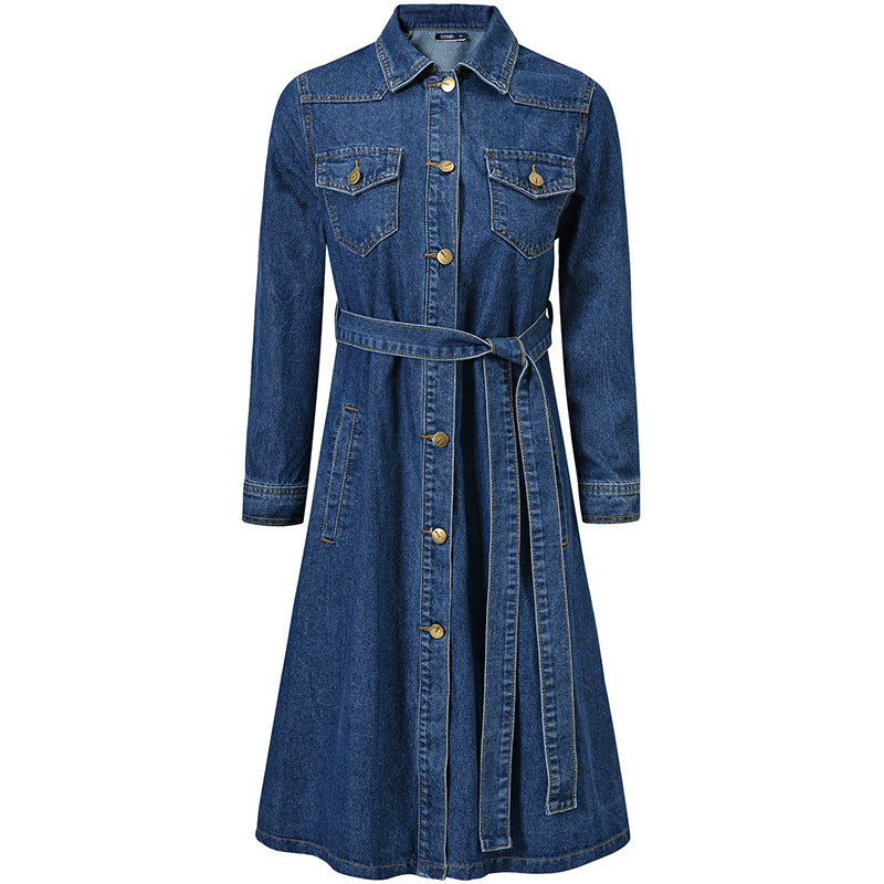 Spring New Mid-Length Denim Dress Female Korean Loose Waist Bow Tie Denim Trench Coat