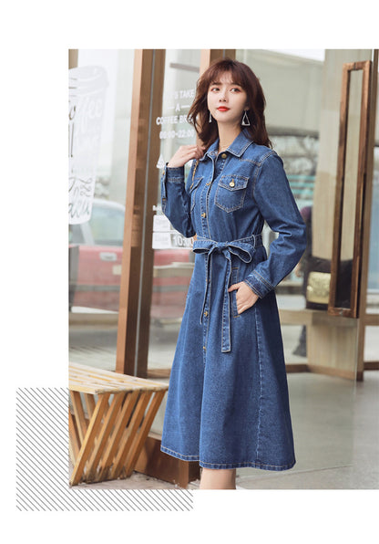 Spring New Mid-Length Denim Dress Female Korean Loose Waist Bow Tie Denim Trench Coat