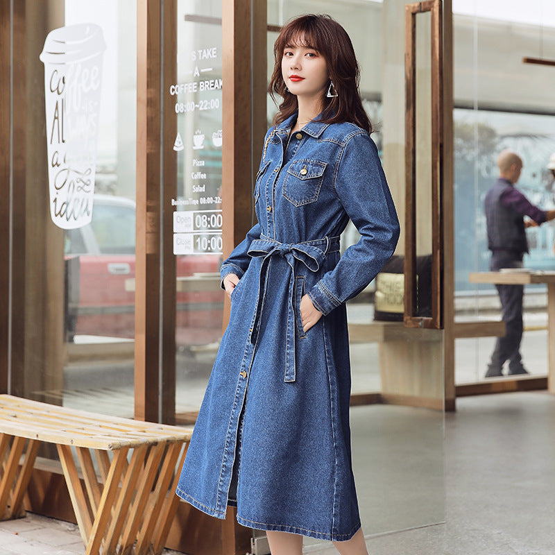 Spring New Mid-Length Denim Dress Female Korean Loose Waist Bow Tie Denim Trench Coat