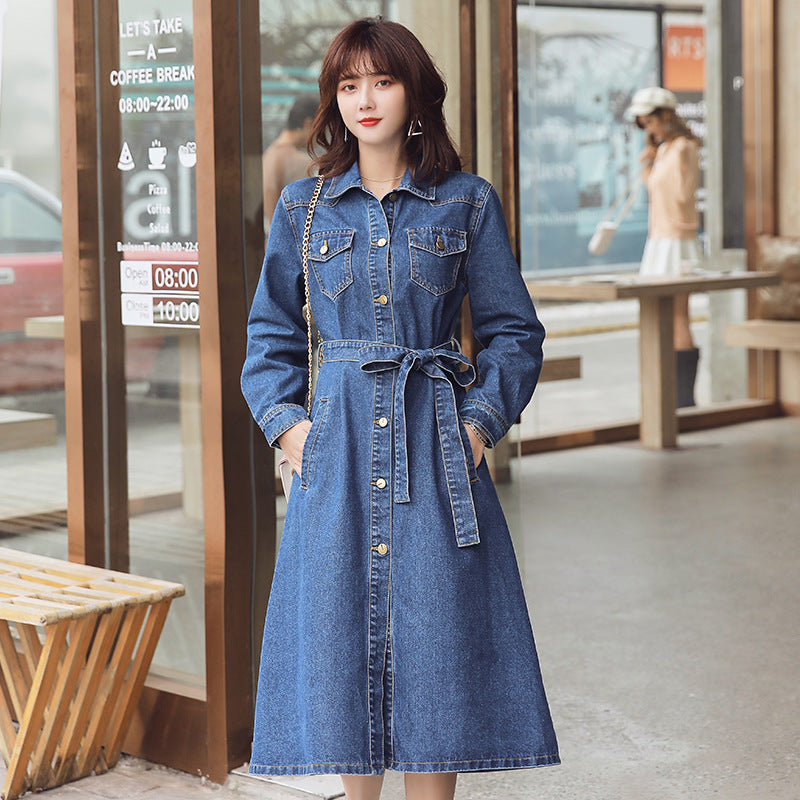 Spring New Mid-Length Denim Dress Female Korean Loose Waist Bow Tie Denim Trench Coat