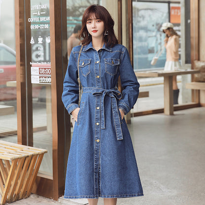 Spring New Mid-Length Denim Dress Female Korean Loose Waist Bow Tie Denim Trench Coat