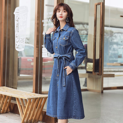 Spring New Mid-Length Denim Dress Female Korean Loose Waist Bow Tie Denim Trench Coat