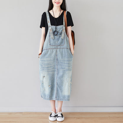 A Shirt With Water Retro Washed Denim Skirt Large Size Hole Personality Strap Dress Casual Dress