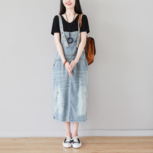 A Shirt With Water Retro Washed Denim Skirt Large Size Hole Personality Strap Dress Casual Dress