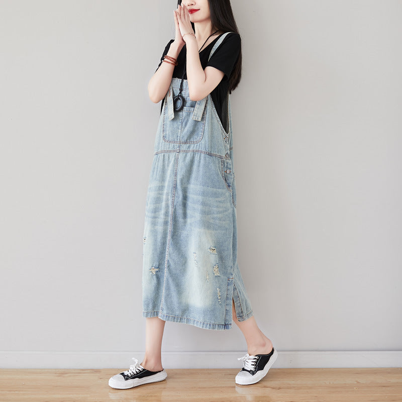 A Shirt With Water Retro Washed Denim Skirt Large Size Hole Personality Strap Dress Casual Dress