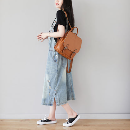 A Shirt With Water Retro Washed Denim Skirt Large Size Hole Personality Strap Dress Casual Dress