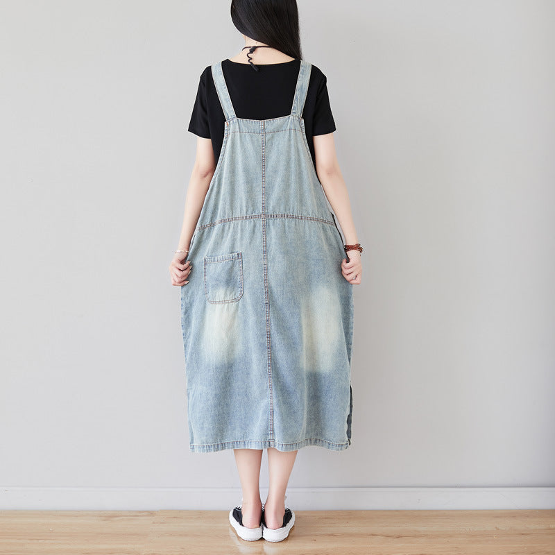 A Shirt With Water Retro Washed Denim Skirt Large Size Hole Personality Strap Dress Casual Dress