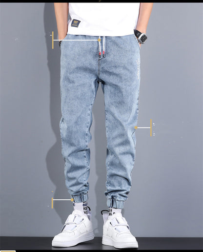 Summer high-end tooling light-colored jeans male Korean style trendy handsome casual loose-fitting high street trousers male