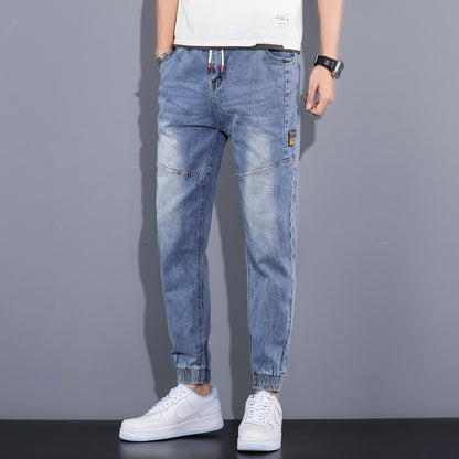 Summer high-end tooling light-colored jeans male Korean style trendy handsome casual loose-fitting high street trousers male