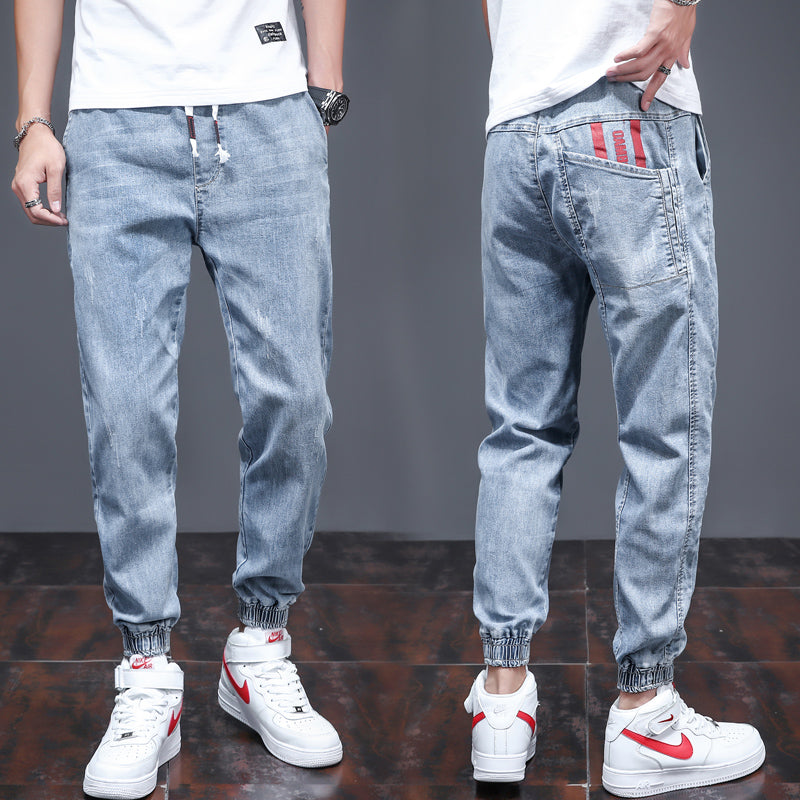 Summer high-end tooling light-colored jeans male Korean style trendy handsome casual loose-fitting high street trousers male