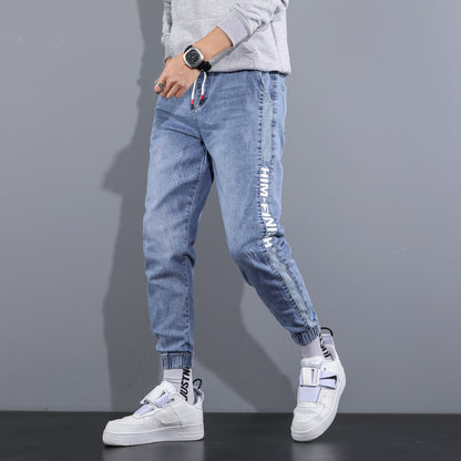 Summer high-end tooling light-colored jeans male Korean style trendy handsome casual loose-fitting high street trousers male