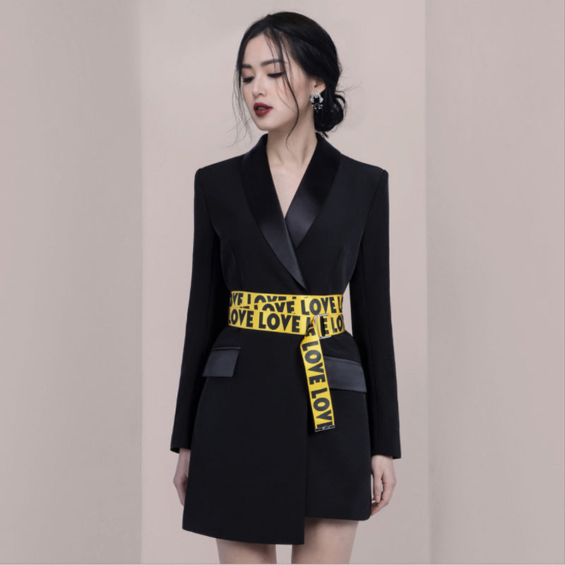 European And American Lapel Waist Slim Slimming Belt Suit Dress